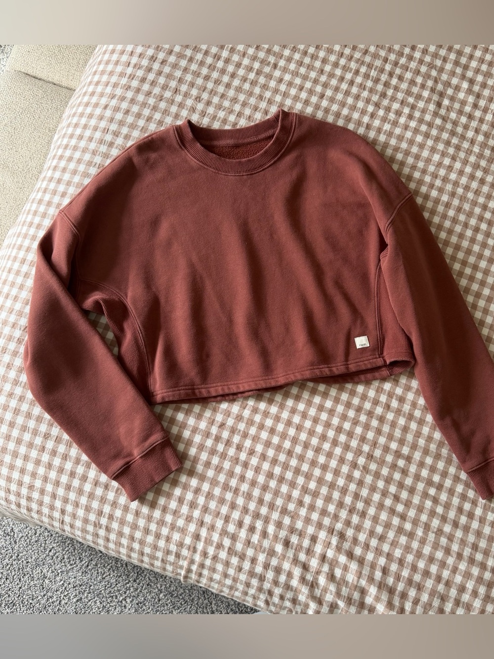 Vuori Restore Crop Pullover Crewneck Sweater in Rust Orange / Red